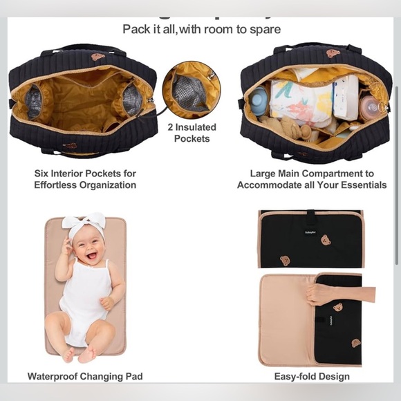 Black Quilted Tote Bag with Bear Accents - Picture 3 of 4